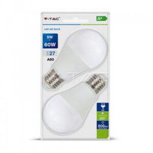 LED Крушка - 9W E27 A60 Термо Пластик 4000K 2Бр/Блистер